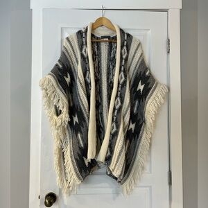 Cozy Gray and Cream Knit Poncho - Made in Italy